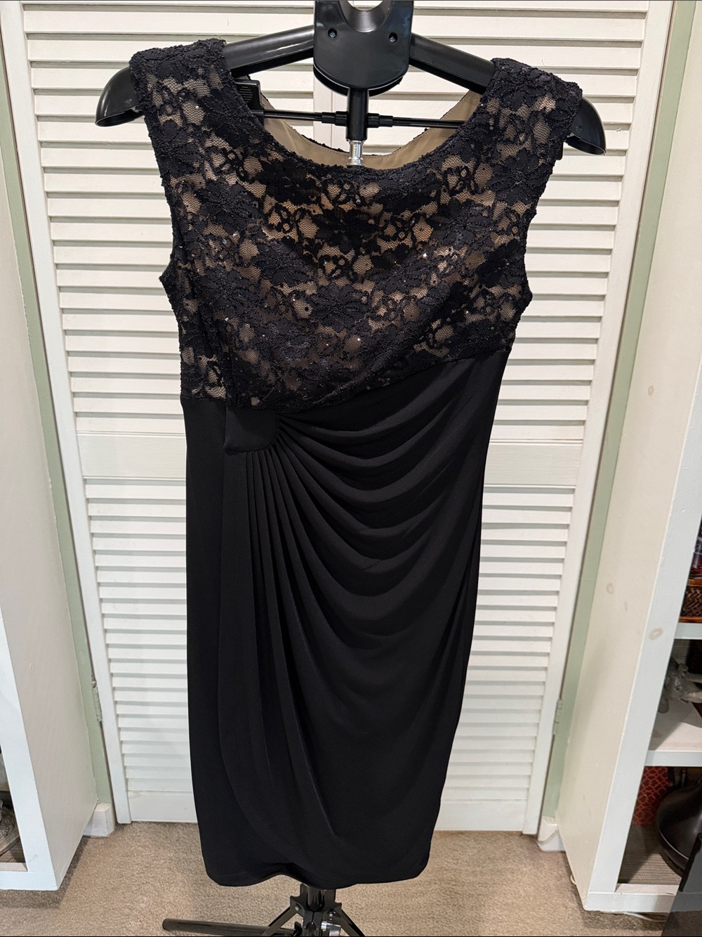 Connected Apparel Black Lace / Cream Bodice Draped Midi Dress